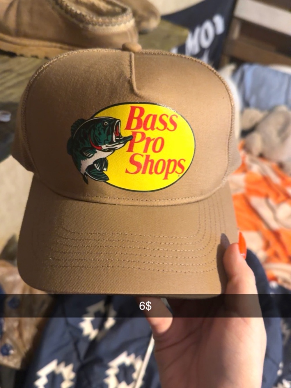Bass Pro Shops Tan Cap with Yellow Logo and Green Fish Patch